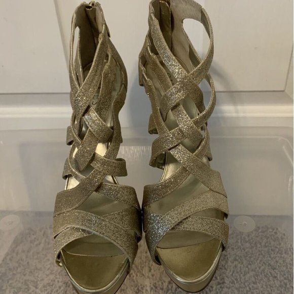 GUESS Gold Glitter Stiletto Heels Strappy 9.5 HAYLI Prom Party Ballroom Dance - Picture 6 of 9